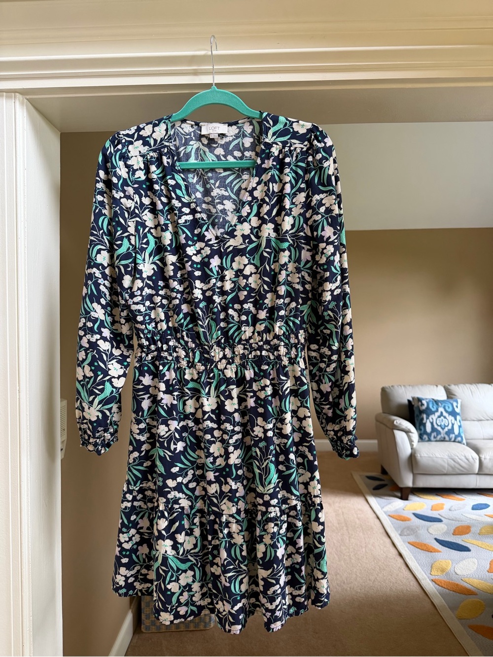 LOFT Navy Floral V-Neck Elastic Waist Long Sleeve Dress